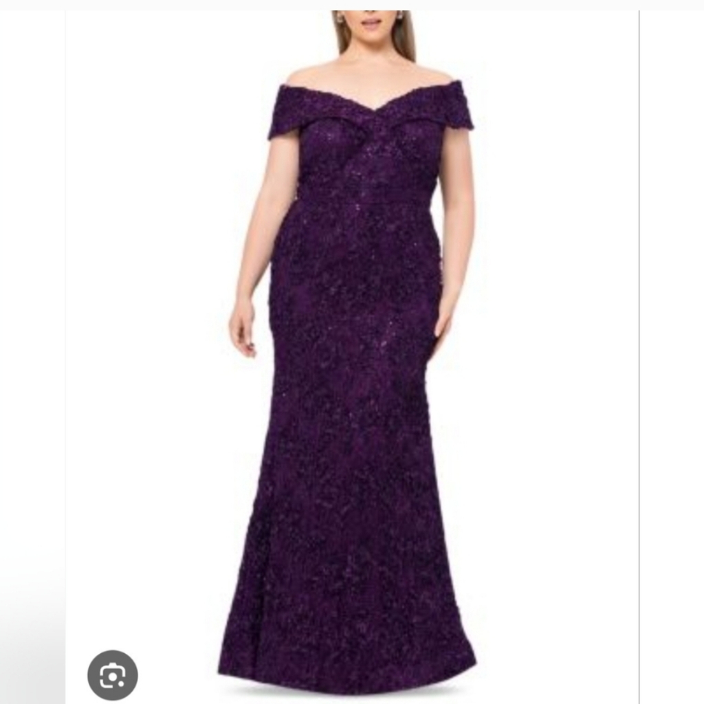 Xscape Plus Size Embellished Lace Off-The-Shoulder Gown